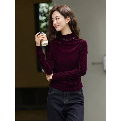 VIMLY Women's Red Velvet T-shirt Casual Knitted Slim Fit Tops Winter 2026 Vintage Mock Neck Folds Long Sleeve Ladies Tees A3305