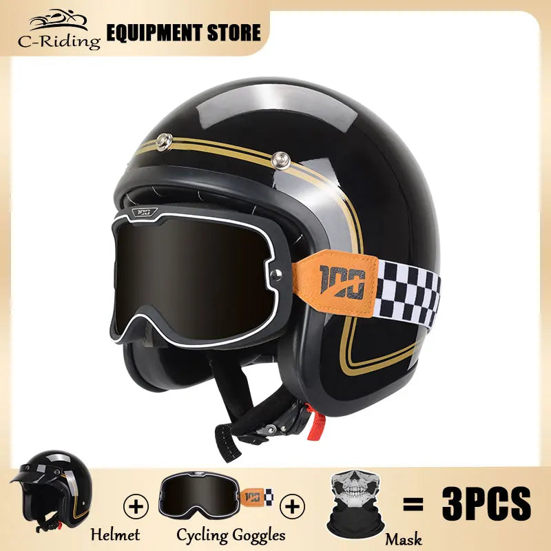 Hot Sale Open Face Helmet Retro 3/4 Jet Motorcycle Helmets Men ABS Shell Safty Cap German Style Four Seasons DOT Approved