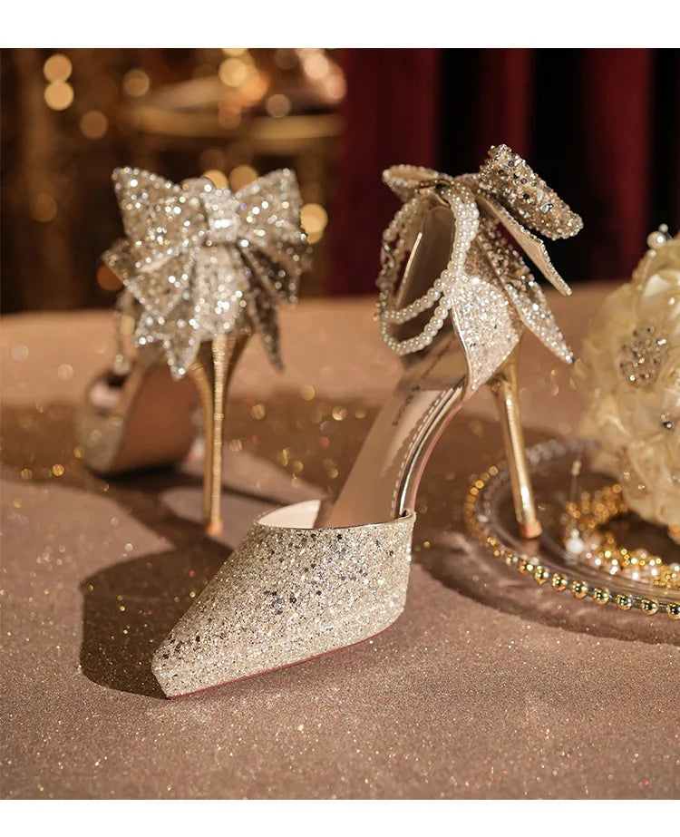 Shiny Glitter Bow Pearl Chain High Heels Wedding Banquet Dress Wedding Shoes Women's Shoes