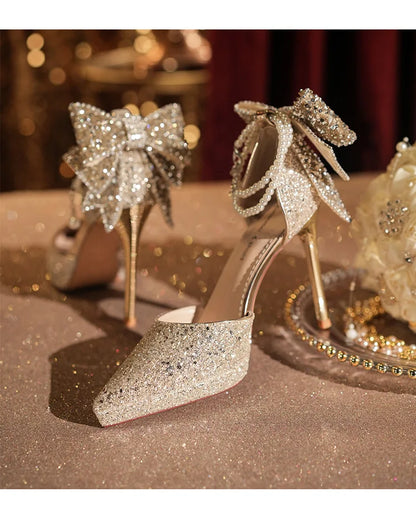 Shiny Glitter Bow Pearl Chain High Heels Wedding Banquet Dress Wedding Shoes Women's Shoes