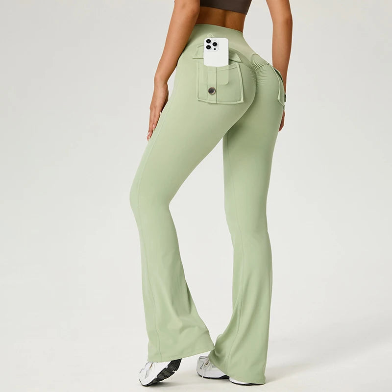 Women's Flared Pants Yoga Leggings Bell-bottoms Tight Elastic Breathable Sports Pants Back Waist Pockets Womens Clothing