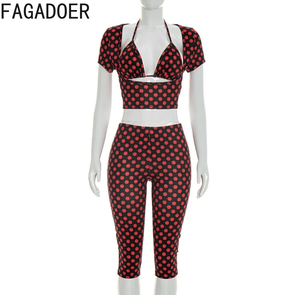 FAGADOER Sexy Woman 3 Piece Set Outfit Polka Dot Print Patchwork Short Sleeve Crop Top and Pants Matching Female Streetwear New