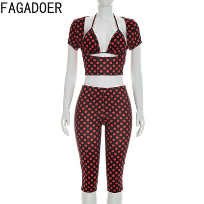 FAGADOER Sexy Woman 3 Piece Set Outfit Polka Dot Print Patchwork Short Sleeve Crop Top and Pants Matching Female Streetwear New