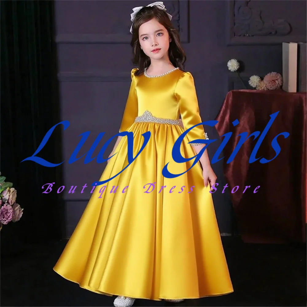 Lovely White Satin Flower Girl Dress for Wedding Dresses Little Princess Bow Kids Birthday Party Evening Customise Gowns