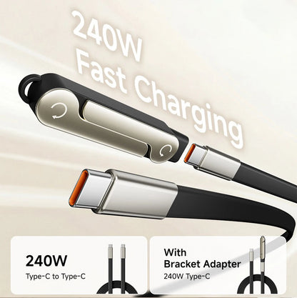2-IN-1 Type-C Cable Foldable Mobile Phone Holder 240W Fast Charging Data Cable USB C TO USB C Phone Charge Bracket Dual PD cable