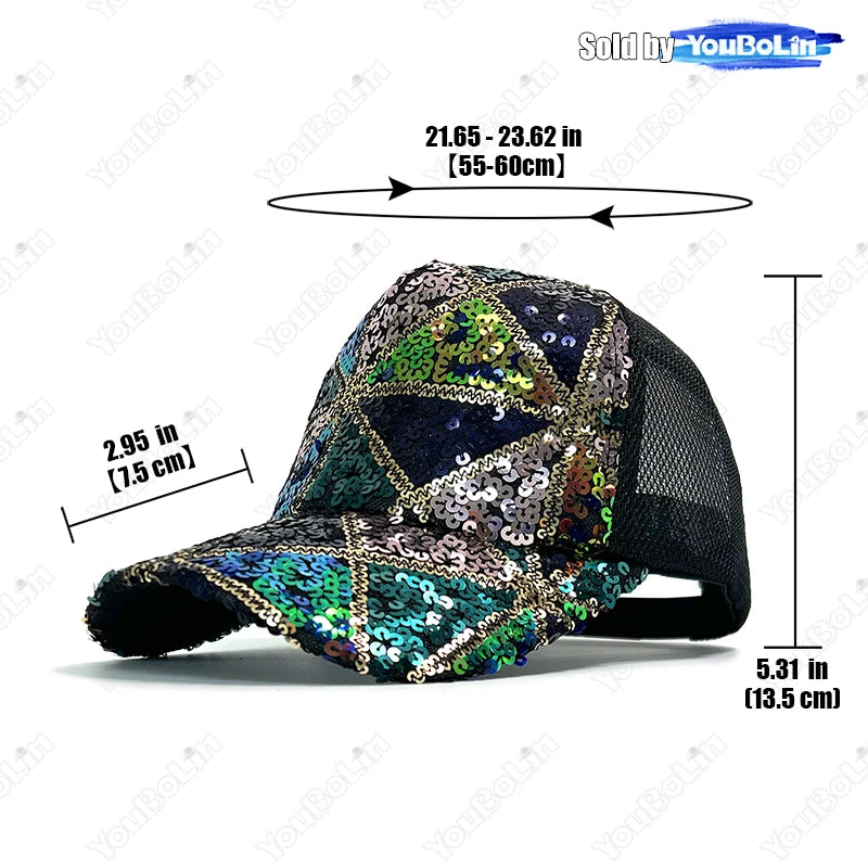 Summer Shiny Sequin Back Mesh Adjustable Cotton Baseball Cap Sun Hat