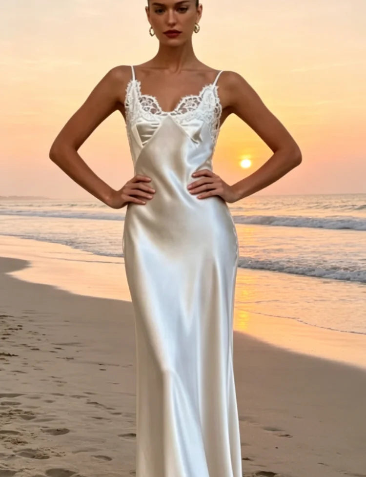 Lace Patchwork Sling Women's Dress Sexy Solid V-neck Sleeveless Backless Stain Female Maxi Dress 2026 Elegant Summer Party Gowns