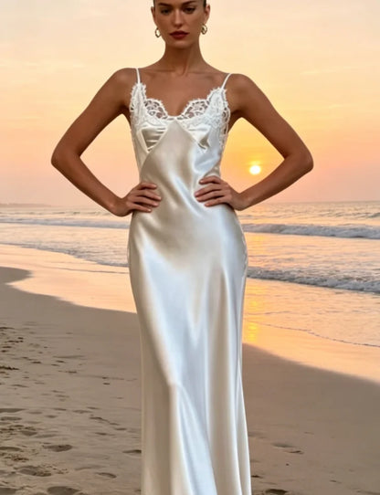 Lace Patchwork Sling Women's Dress Sexy Solid V-neck Sleeveless Backless Stain Female Maxi Dress 2026 Elegant Summer Party Gowns