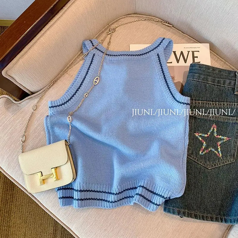 Women's Clothing Fashionable Slim O-neck Knitted Tanks Summer Sexy Chic Geometric Embroidery Sleeveless Tops