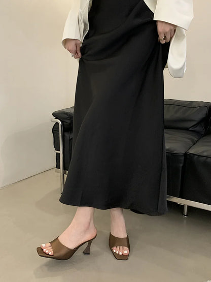 Liyke High Quality Cozy Silk Wide Square Toe Women Slippers Sandals Strange Heels Mules Slides Summer Party Dress Shoes Brown