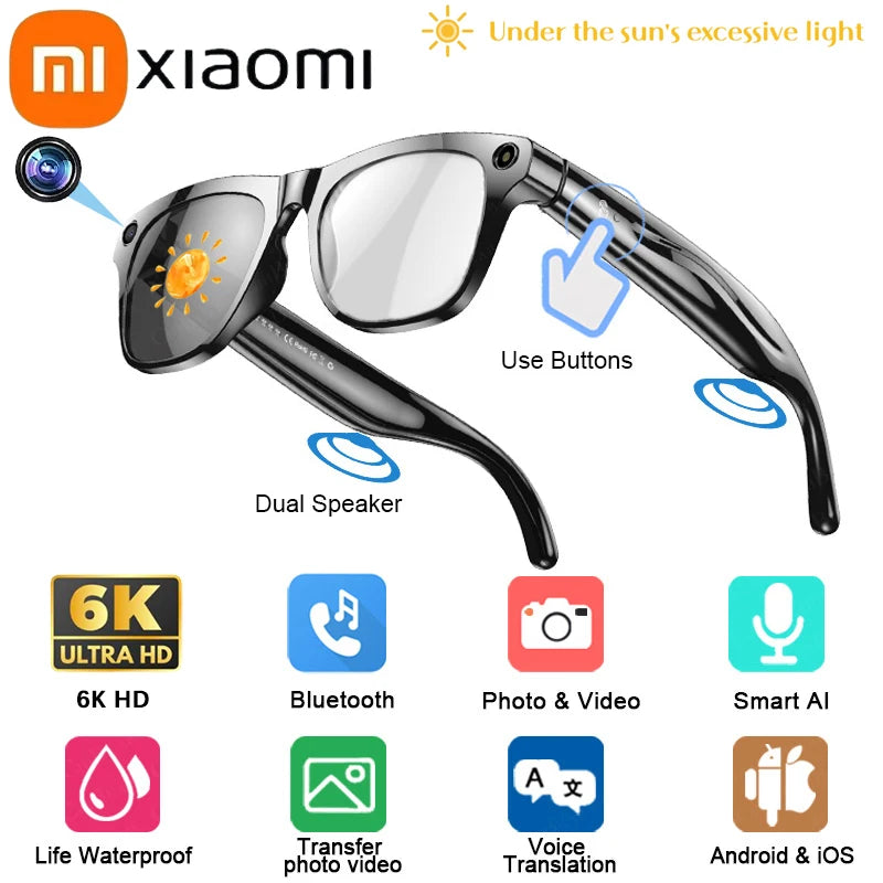 Xiaomi 6K HD AI Smart Glasses Photochromic Multifunction Camera Bluetooth Call Music Player Voice Assistant Translate Glasses