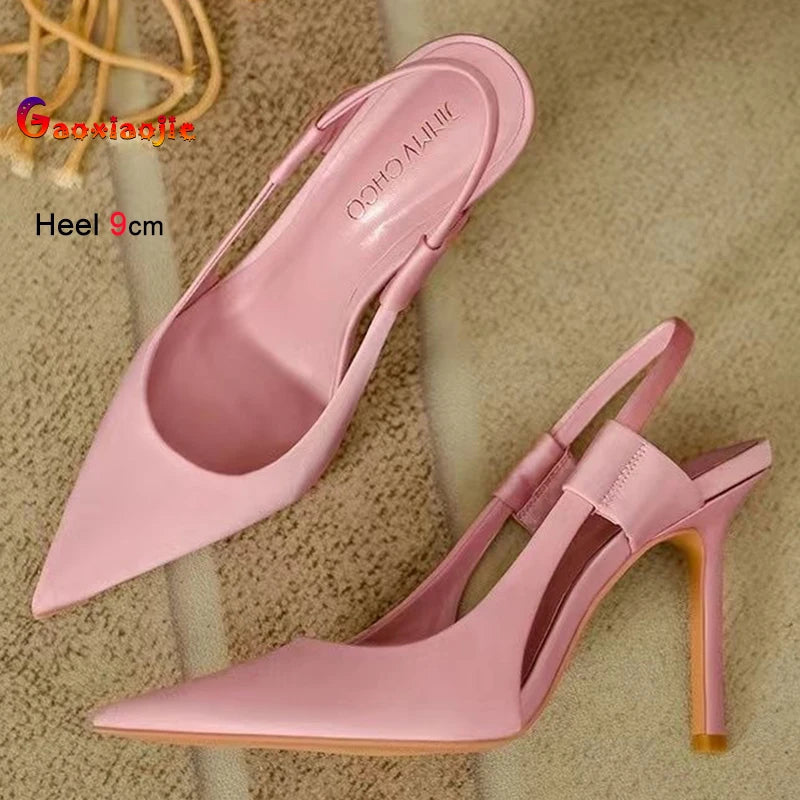 2025 New Fairy Pink Womens High Heel Sandals Pointed Toe Shallow Mouth Soft Leather Heels Ladies Fashion Banquet Versatile Shoes