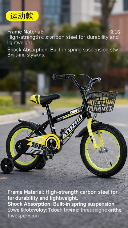 Bright Yellow Sports Style Children's Bicycle - 14 Inch 16 Inch 18 Inch Pedal Bikes for Boys And Girls Aged 3-9 Years Old