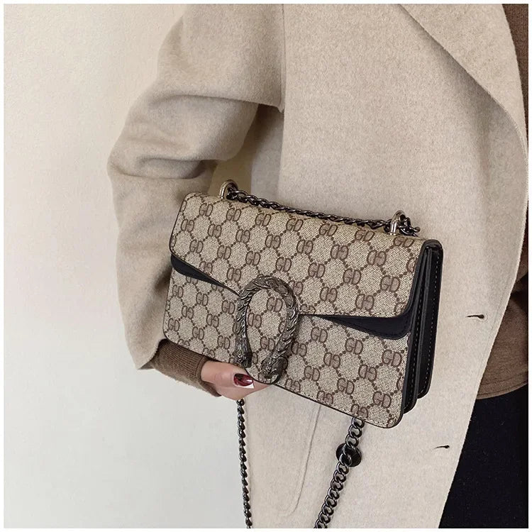 Fashionable Mini Printed Chain Women's Bag Crossbody Shoulder Bag Soft PU Leather Square Shape Bag with Phone Pocket