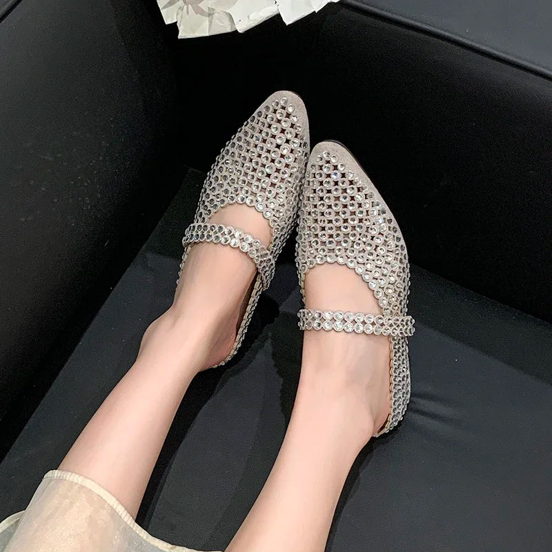 Crystal Women's Pointed Toe Slippers Luxury Flats Sandals Casual Mules Shoes Cozy New Trend Slides Fashion Dress Mujer Zapatos