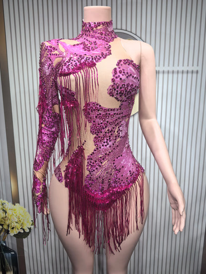 Rhinestones Women DanceCostume Fringes One Shoulder Bodysuit  Sexy Skinny Leotard Singer Dancer Show StageWear Sparkly Blue