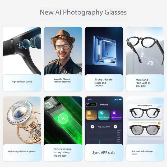 AI Smart Camera Glasses 8MP with Camera for Photo & Video, Object Recognition, Translation, Bluetooth - Smart Wearable Glasses f