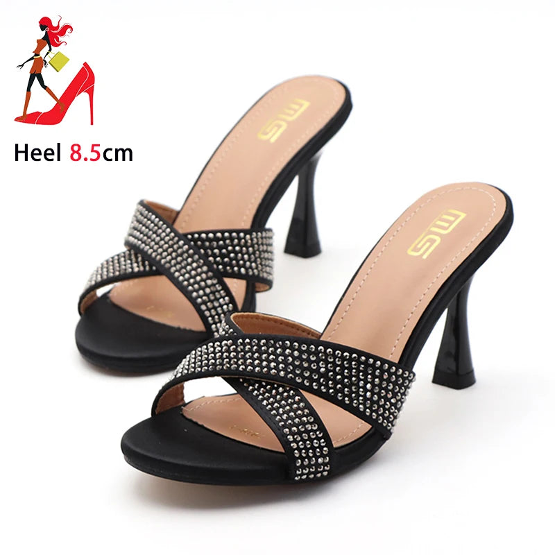 Rhinestone Slippers For Woman 2025 New Elegant Party Shoes Summer Thin High Heeled Slides Fashion Women Sandals Zapatos Mujer