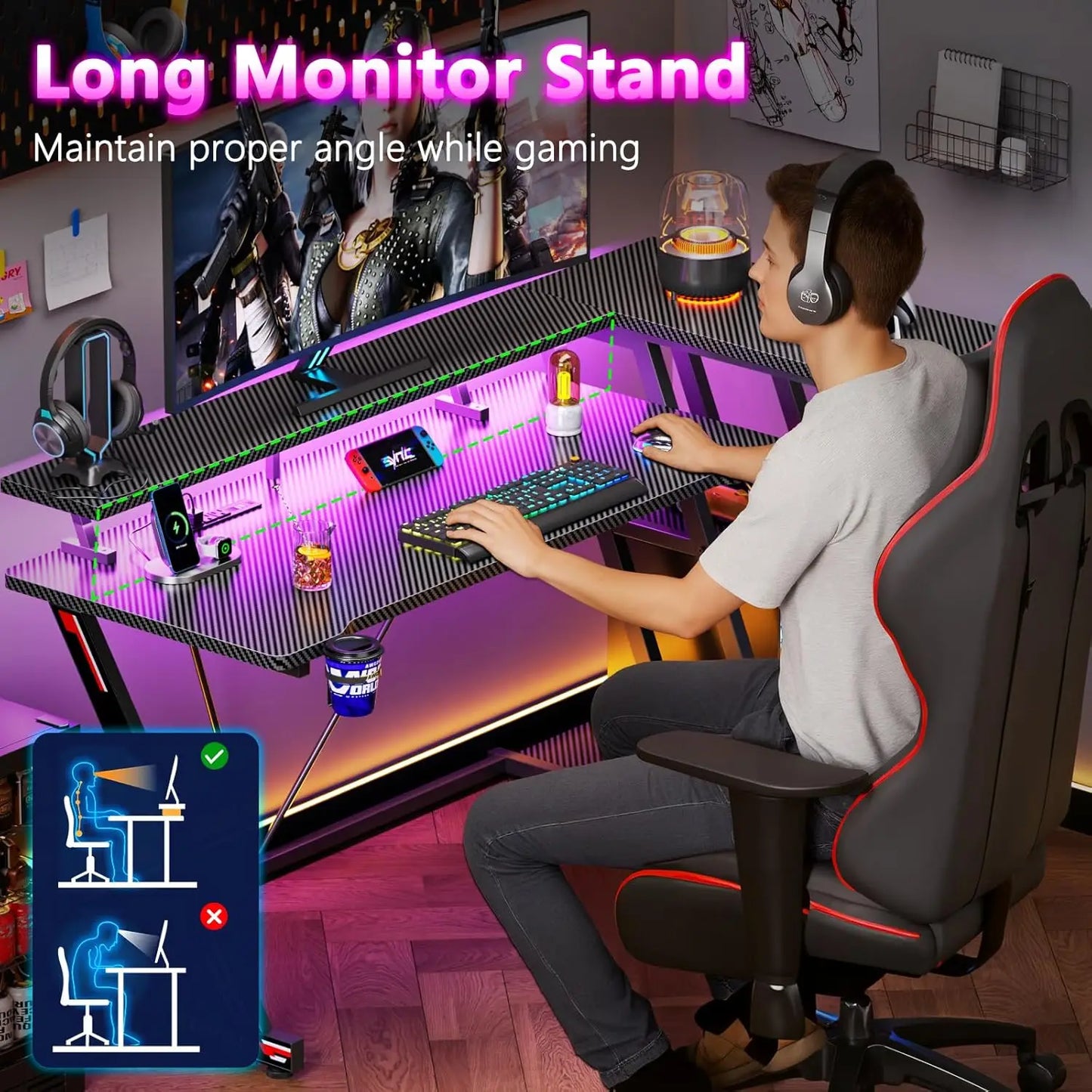 40 Inch Gaming Desk with Power Outlet & LED Lights, L Shaped Computer Gaming Table with 3 Tiers Storage Shelves,, Customized