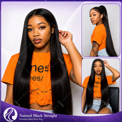 360 Lace Straight Human Hair Wig 13X4 Lace Front Wig Natural Black HD Lace Pre Plucked Bleached Knots High Ponytail Wig For Black Women