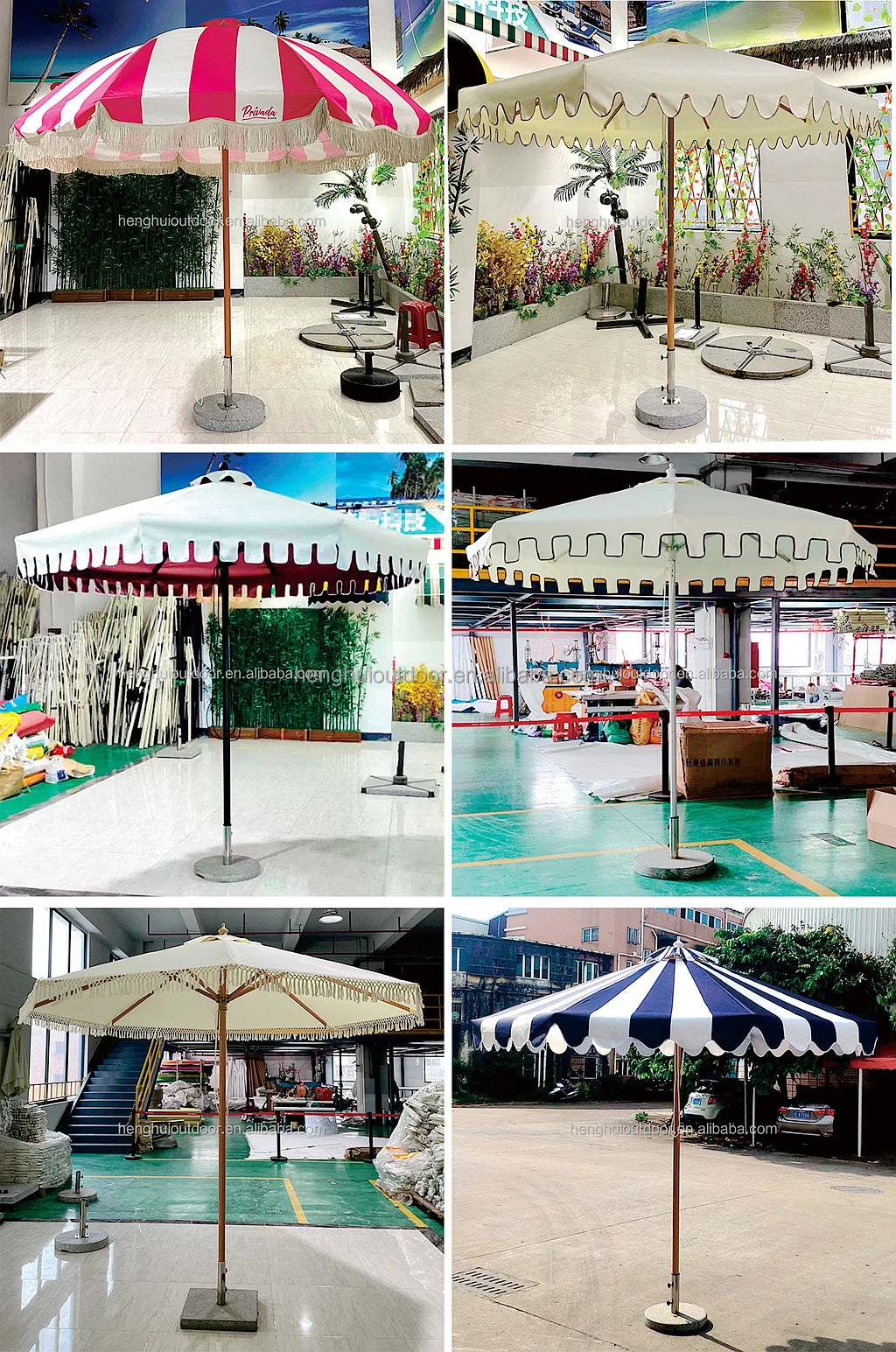 Pink Yellow Blue Striped Parasols Umbrellas Outdoor Luxury Aluminium Market Style Beach Umbrella with Fringe Outdoor for Shop
