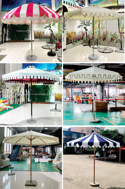 Pink Yellow Blue Striped Parasols Umbrellas Outdoor Luxury Aluminium Market Style Beach Umbrella with Fringe Outdoor for Shop