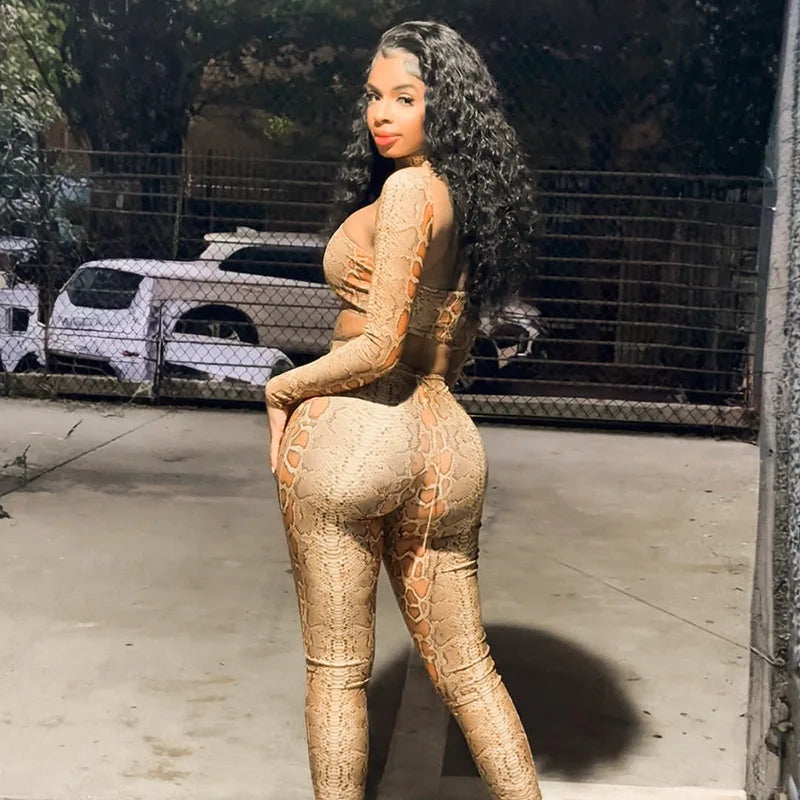 2026 Snake Print Sexy 2 Piece Set Women Spring Autumn Halter Long Sleeve Crop Tops+Pants Matching Stretch Streetwear Outfits