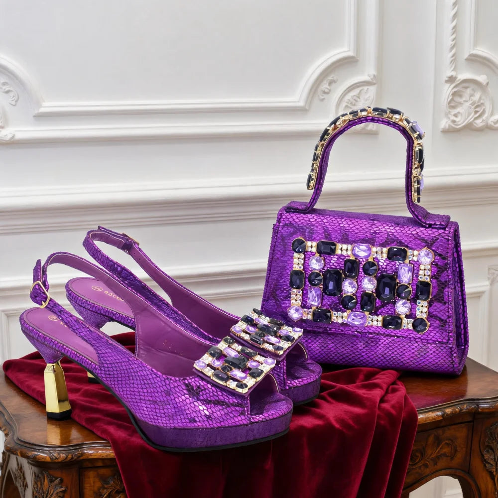 Italian Matching Nigerian Shoe and Bag Decorated with Rhinestone African Shoes and Bags Matching Set Luxury Wedding Woman Shoe