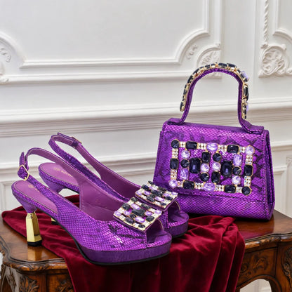 Italian Matching Nigerian Shoe and Bag Decorated with Rhinestone African Shoes and Bags Matching Set Luxury Wedding Woman Shoe