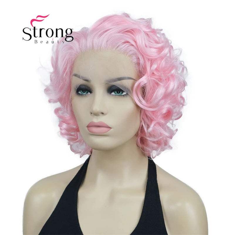 Short Curly Bob Wig Lace Front Wig Pink Synthetic Lace Front Wig For Women Natural Hairline Heat Resistant Synthetic Fiber