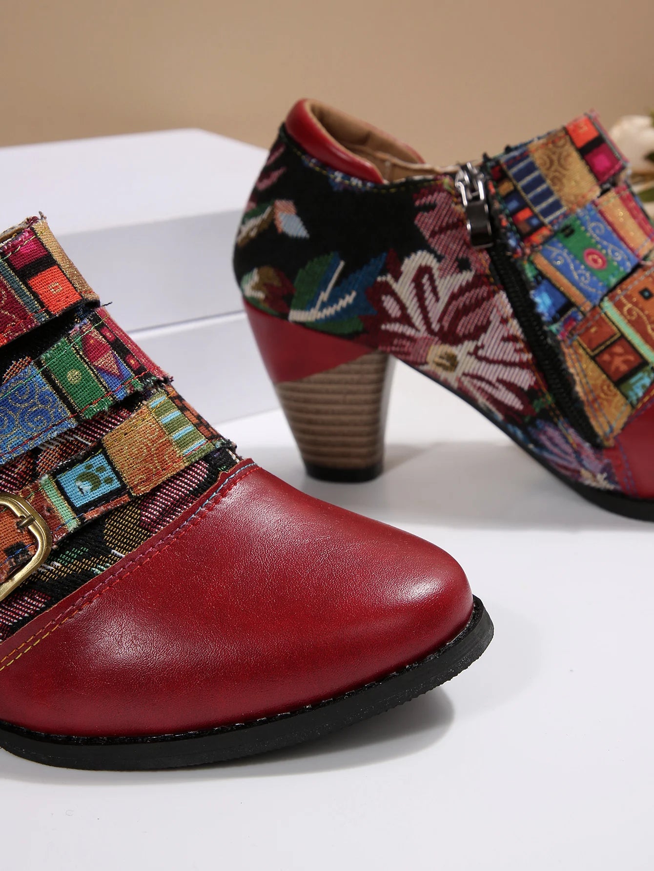 Women's Spring & Fall Short Boots, Bohemian Fashion Splicing Retro Short Boots, Casual Printed Western Leather Boots, Side Zippers, Suitable for Daily Commuting, Vacation, Parties