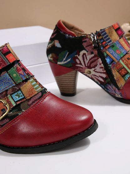 Women's Spring & Fall Short Boots, Bohemian Fashion Splicing Retro Short Boots, Casual Printed Western Leather Boots, Side Zippers, Suitable for Daily Commuting, Vacation, Parties