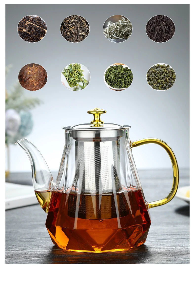 JUSTINLAU Glass Teapot Heat Resistant Borosilicate Clear Diamond Tea Kettles with Removable Stainless Steel Infuser Teaware Set