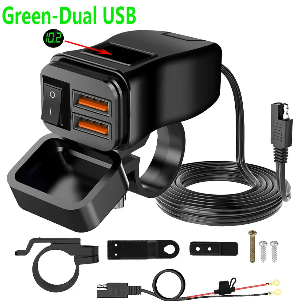 PD+QC3.0 Motorcycle USB Fast Charger 60W Handlebar Dual USB Socket with Switch Voltmeter Waterproof 12V Power Supply Adapter