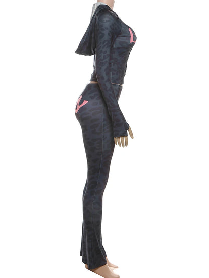 Weird Puss Letter Leopard Print 2 Piece Set Women Casual Zip Hooded Crop Jacke+Leggings Matching Stretch Sporty Street Outfits