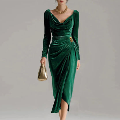2025 European and American Women's Casual Gold Velvet Sexy New Long-Sleeve Slim Pleated Long Split Bodycon Dress