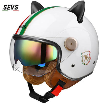 Motorcycle Helmet Retro 3C & DOT Certified Half Face ABS Helmet Dual Visor Hidden Sun Shield Removable Cute Cat Ears