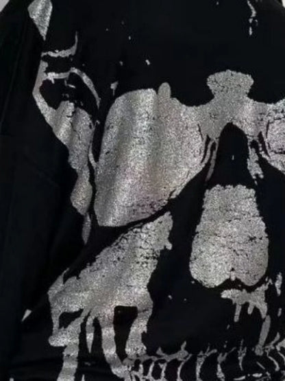 Y2k Fake Two Pieces Vintage Tops Streetwear Slash Neck Skull Print Off Shoulder Gothic Punk Tshirts Women Grunge Harajuku Tees