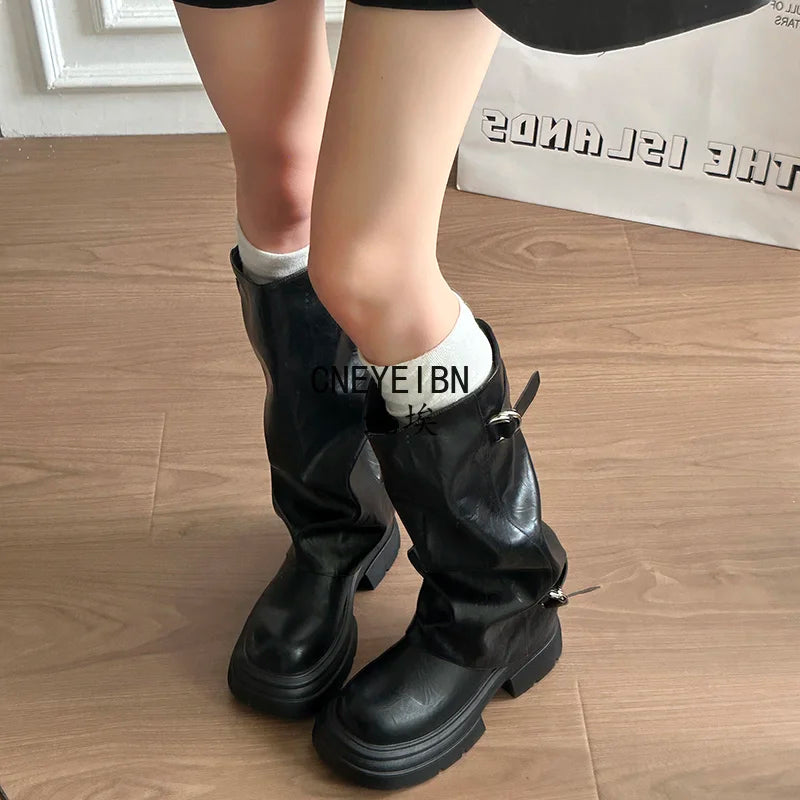 Women Double Buckle Slouch Knee High Boots Round Toe Platform Thick Sole Leather Tall Boots Street Casual Daily Ladies Boots