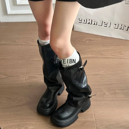 Women Double Buckle Slouch Knee High Boots Round Toe Platform Thick Sole Leather Tall Boots Street Casual Daily Ladies Boots