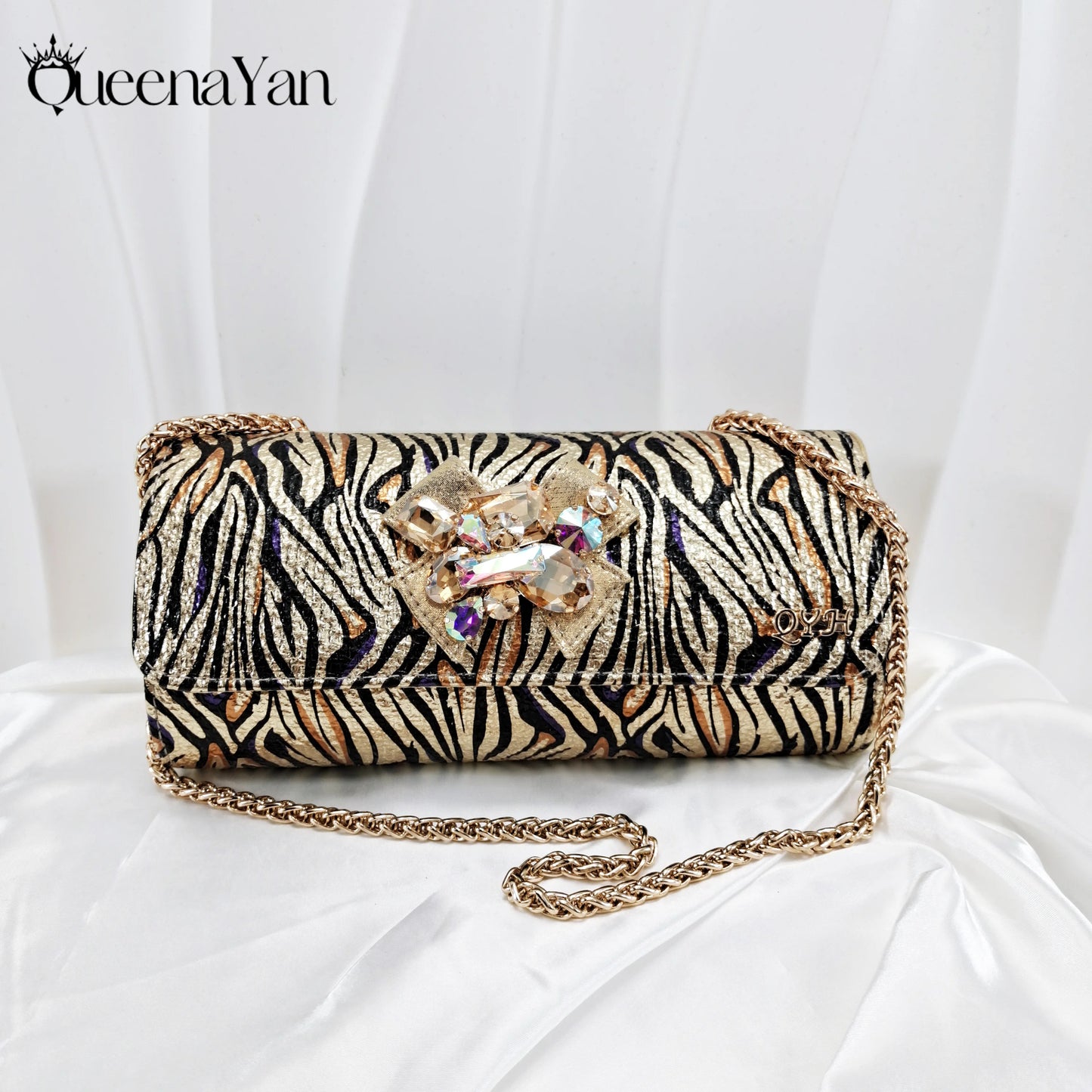 Queena Yan 2025 Women Elegant Gold High Heel Shoe and Matching Bag Set with Rhinestone Accents Stylish Peep Toe Design for Party