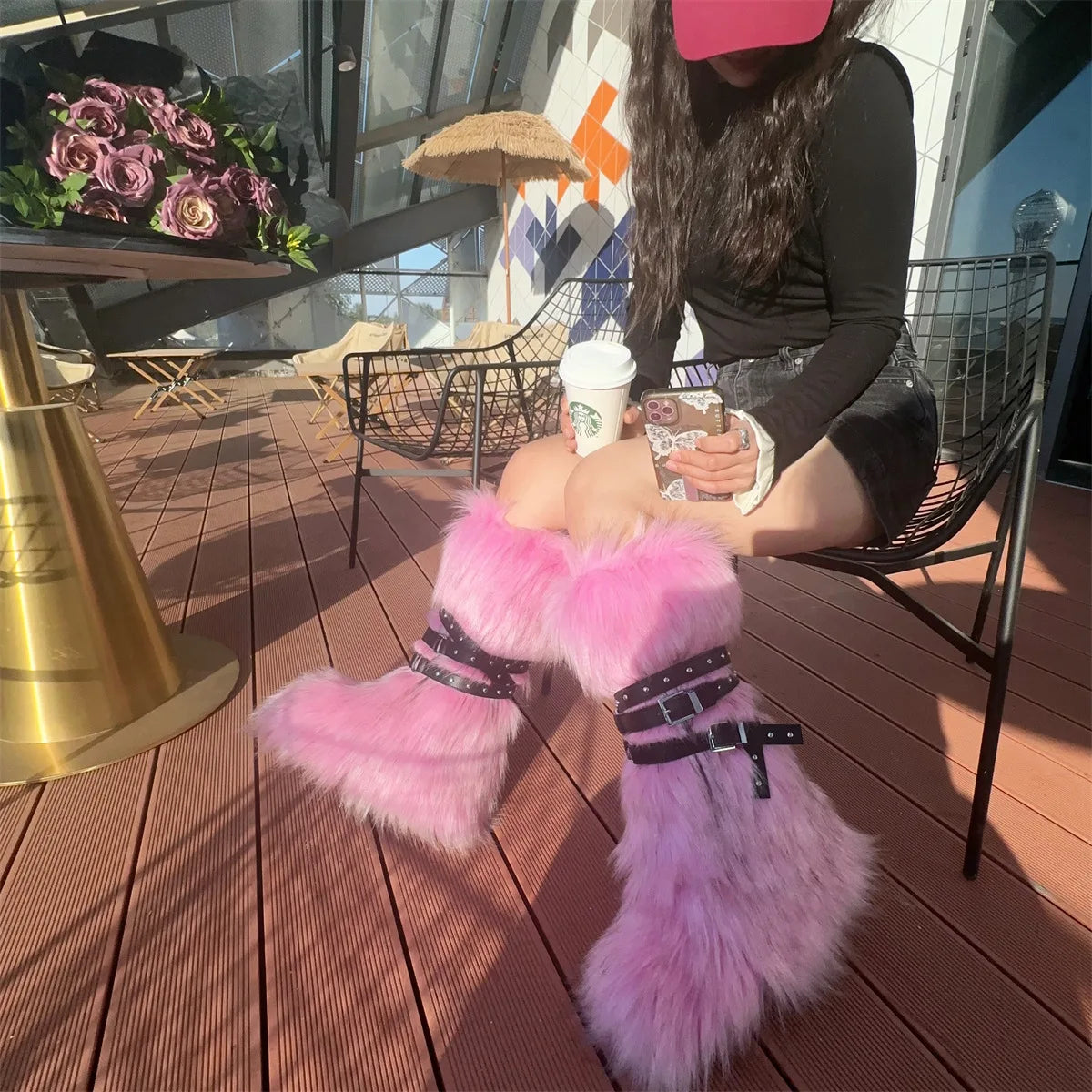 Faux Fur Knee-High Boot Round Toe Height Increasing Wild Winter Warmer Belt Buckle Slip-On Fashion Luxury Sexy Women Shoe Newest
