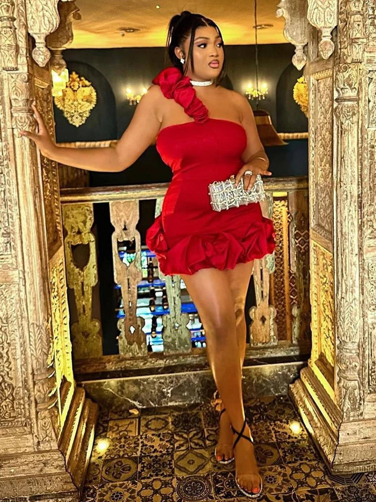 Womens Red Evening Dress Sexy One Shoulder Party Wear Strapless Red Dress Skinny Summer Ruffle Hem Dress Wholesale Dropshipping