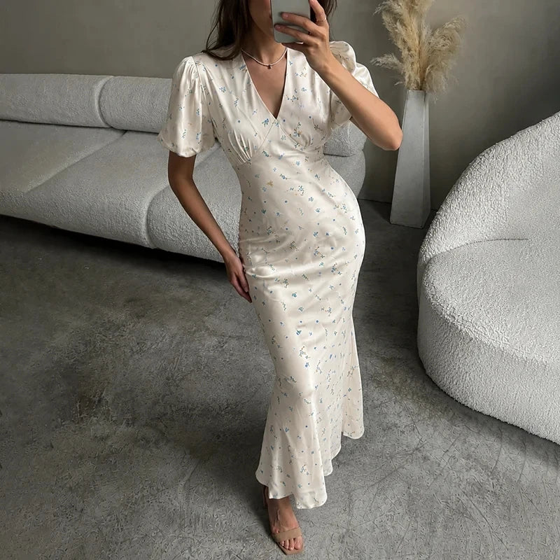 TARUXY Stylish Printed Maxi Dress Women Elegant Slim V-Neck Short-Sleeve Evening Dress Summer New Casual Commuter Female Dress