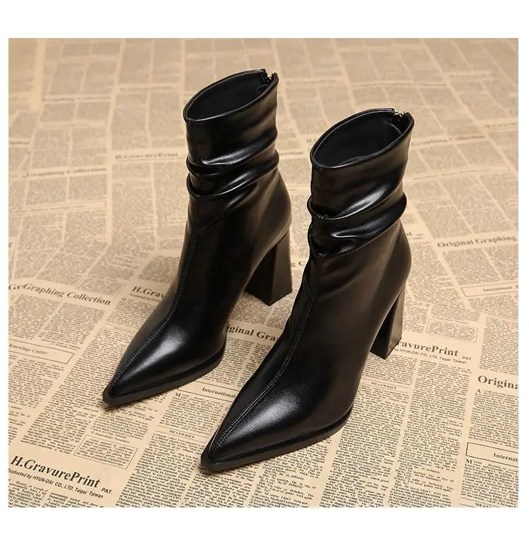 Autumn Womnen's High Heel Ankle Boots New Winter Plus Velvet Pointed Toe Chunky Heel Chelsea Boots for Women Heeled Sheos Dress