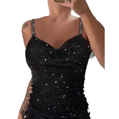 Women's Fashion Tank Top Camisole Glitter Rhinestone V-Neck Cami Tops Cross Strap Vest Female Night Club Wear Summer New Clothes