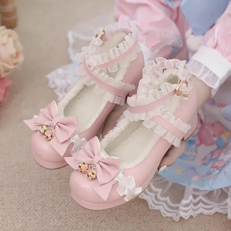 Cross Strap Women High Heels Mary Jane Pumps Party Wedding Cosplay White Pink Black Strawberry Bow Princess Cosplay Lolita Shoes