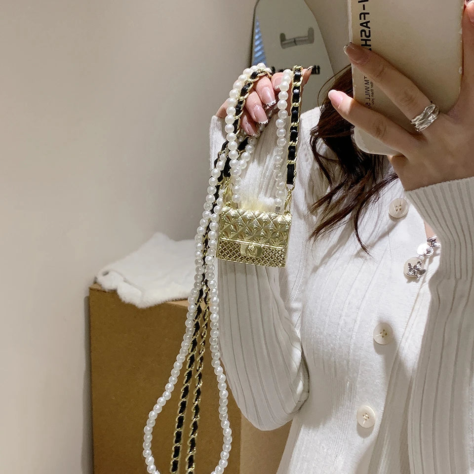 Mini dinner bags for women fashionable metal small box bag designer pearl chain shoulder bag clothing accessories crossbody bag