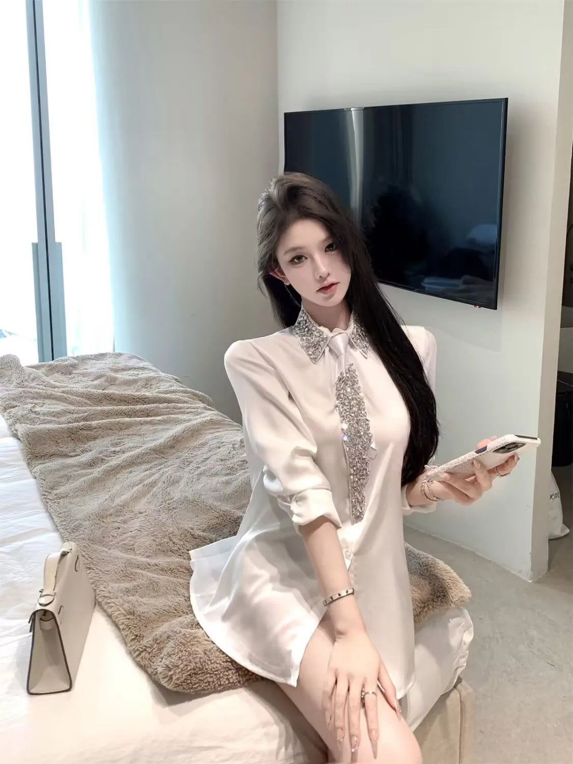 2025 Women's White Shirt New Spring Autumn Crystal Beading With Necktie Chiffon Shirt Female Blouses Ladies Tops Women Clothing