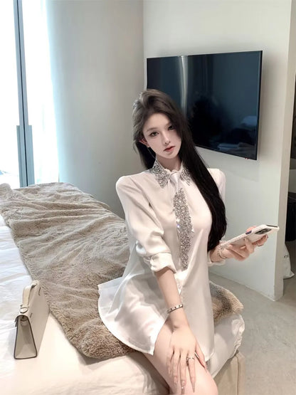 2025 Women's White Shirt New Spring Autumn Crystal Beading With Necktie Chiffon Shirt Female Blouses Ladies Tops Women Clothing